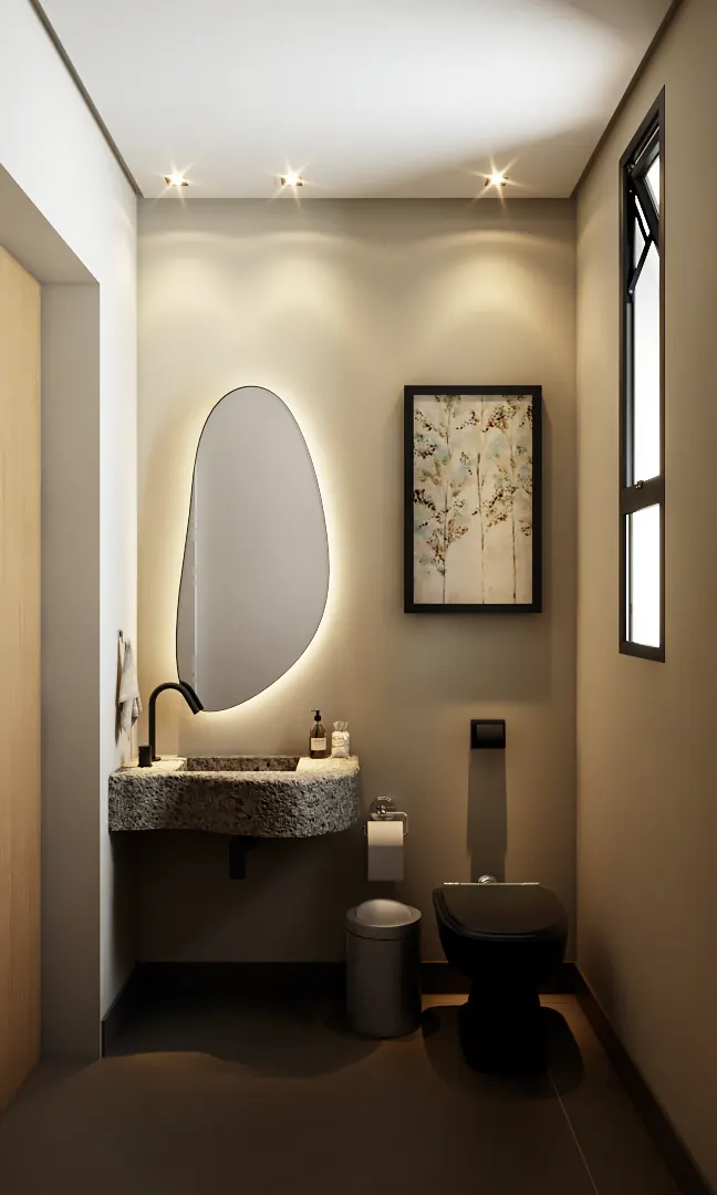 Projeto visual de lavabo com espelho iluminado