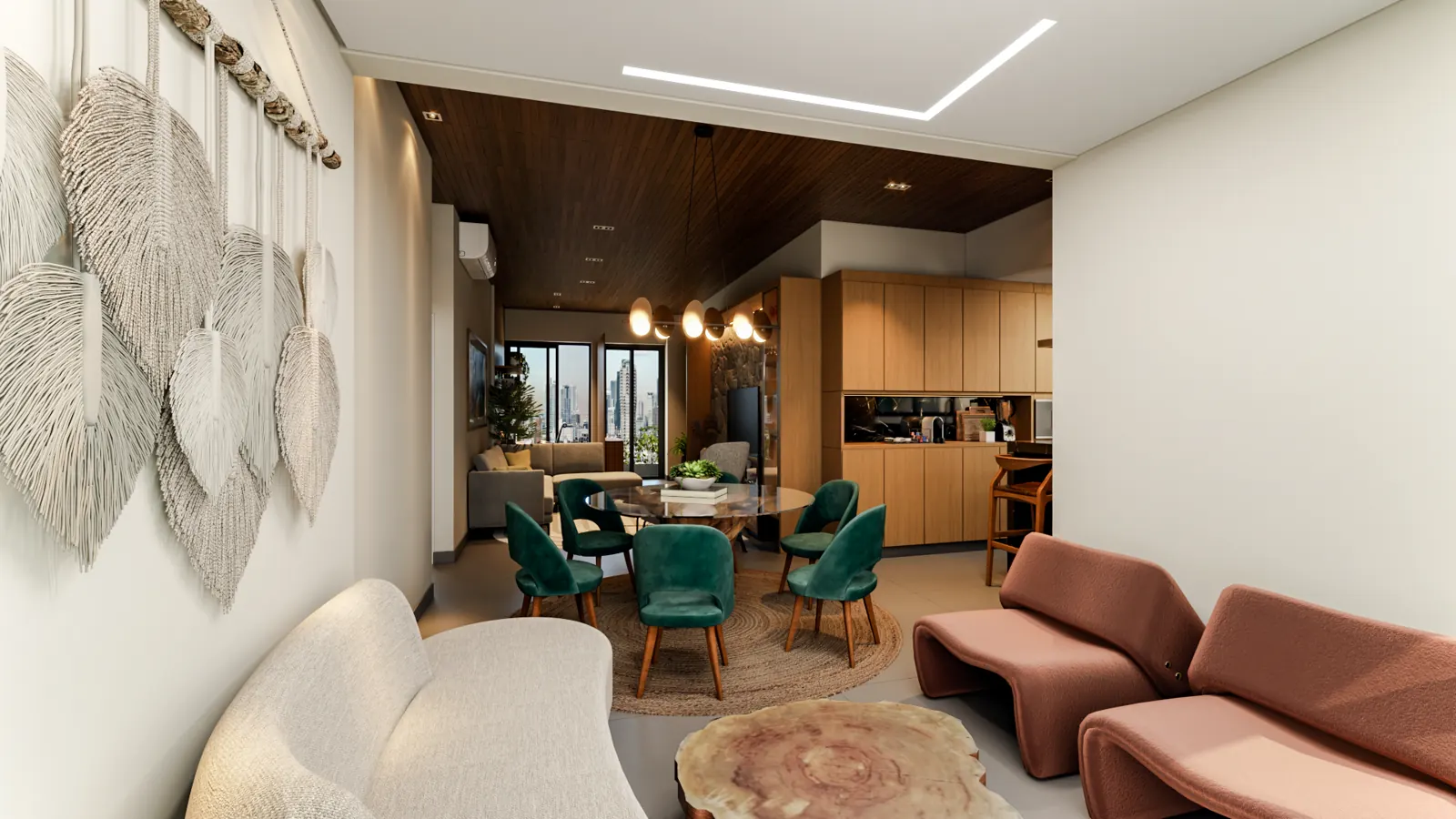 Sala de estar com iluminação acolhedora e mobiliário contemporâneo